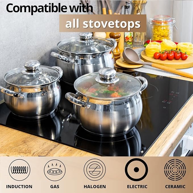 Daniks Classic Frying Pan Included, 11-Piece Stainless Steel Induction Cookware Set, Dishwasher Safe Pots and Saucepan, Glass Lids, Measuring Scale, For Soup, Pasta, Stew, Silver
