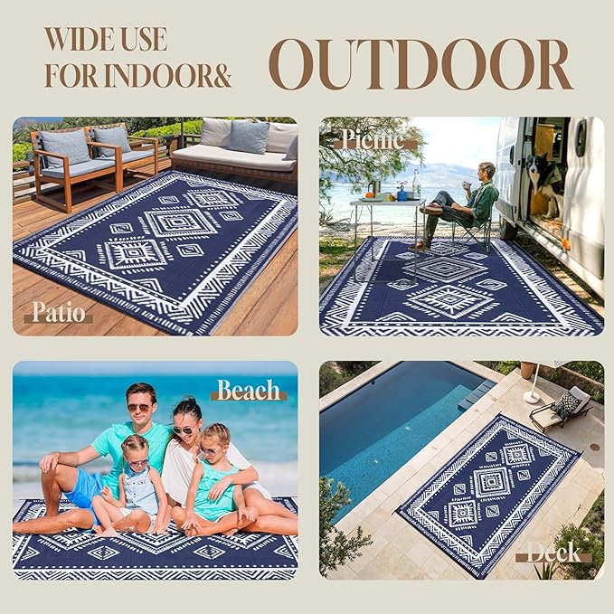 OMERAI Reversible Waterproof Outdoor Rug for Backyard,Plastic Textured Resistant Outdoors Rugs,Portable Washable Easy Cleaning Foldable Camping Beach Carpet for Patio Courtyard, 6'x9' Blue & White