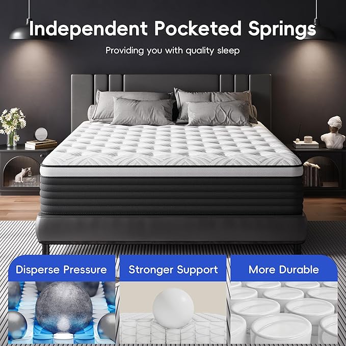 COOLMI Queen Mattress, 12 Inch Hybrid Memory Foam Mattress in a Box, Pressure Relief for Back Support, Medium Firm, Individually Pocket Springs, 100-Night Trial & CertiPUR-US Certified, Queen Size