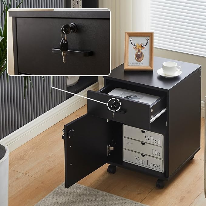 Mobile File Cabinet with Lockable Drawer & Door, Under Desk Storage Cabinet with 360°Swivel Wheels, Wooden Stationery Storage Cabinet for Legal/Letter/ A4 Documents (Black)