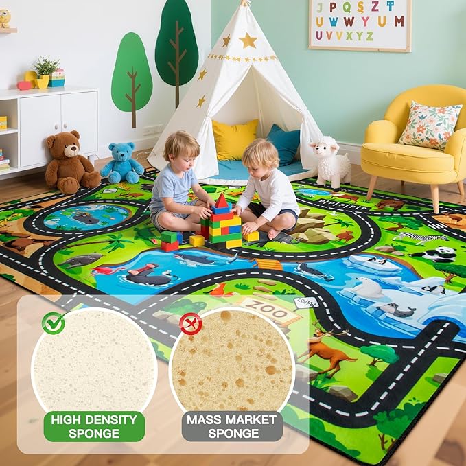 Kids Rug, 4x6 Ft Animal Car Rugs for Kids Toy Cars, Extra Thick (0.4in) - Non-Slip Zoo Road Mat Carpet for Playroom & Bedroom, Educational Learning & Game Area