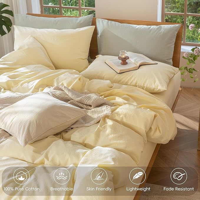 MooMee Bedding Duvet Cover Set 100% Washed Cotton Linen Like Textured Breathable Durable Soft Comfy (Heathered Butter Yellow, Queen 90"x90")