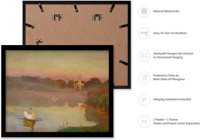 Poster Master Vintage Pond in Radziejowice Poster - Retro Swan Print - Lake Art - Landscape Art - Farmhouse Art - Animal Lover Art - Aesthetic Living Room or Office Decor, 16x20 Black Framed
