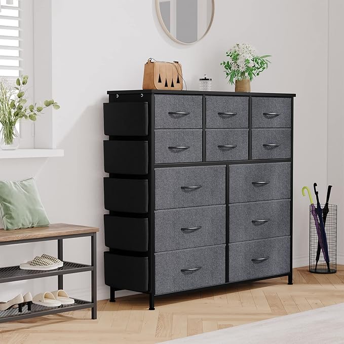 Dresser for Bedroom with 12 Drawers, Tall Dresser Chest of Drawers with 5 Side Pockets and Hooks, Wooden Top Fabric Dresser Storage Tower for Closet, Hallway, Living Room, Dark Grey