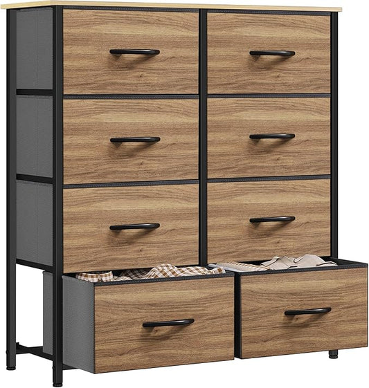 DWVO Dresser with 8 Drawers - Fabric Storage Tower, Organizer Unit for Bedroom, Hallway, Closets - Sturdy Steel Frame, Wooden Top & Easy Pull Fabric Bins (Burlywood Grain)