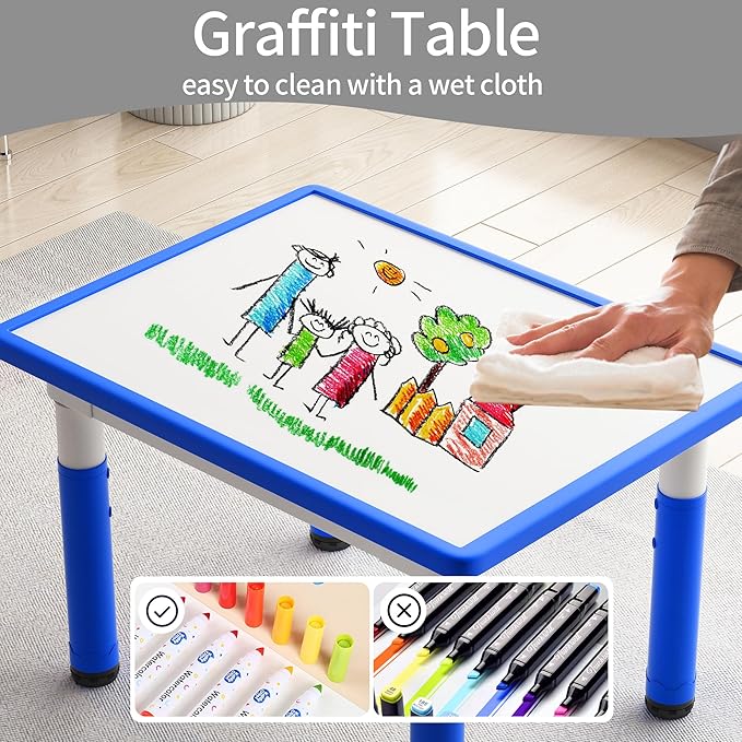 Toddler Table and 2 Chairs, Kids Table and Chair Set Height Adjustable, 31.5''L x 23.6''W Multifunctional Graffiti Desktop for Reading, Drawing, Eating, for Girls & Boys Age 2-10, Blue