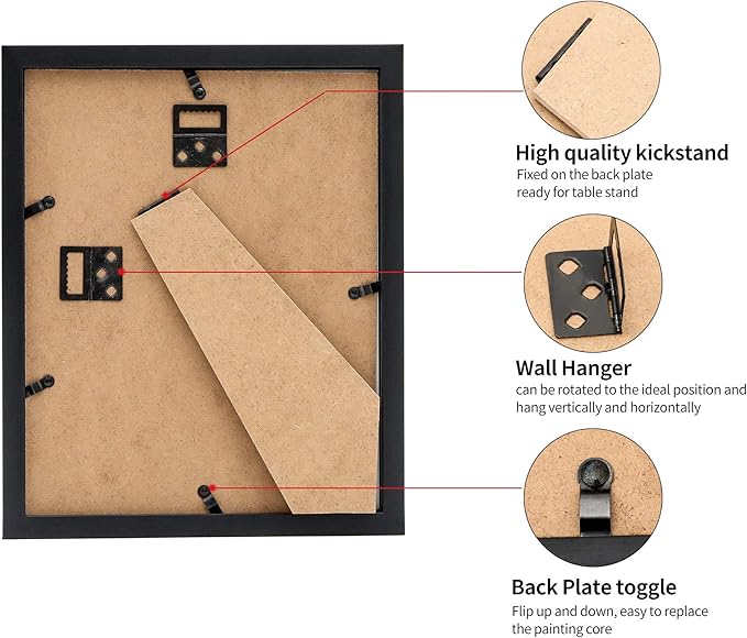 8.5x11 Picture Frames Set of 3, Shatter-Resistant Glass Display Certificate or Pictures 8.5 by 11,To Wall and Tabletop Mounting, black.