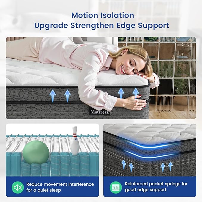 Queen Mattress, 10 Inch Medium Plush Hybrid Queen Size Mattresses in a Box, Individual Pocket Coil for Motion Isolation, Cooling and Breathable, CertiPUR-US