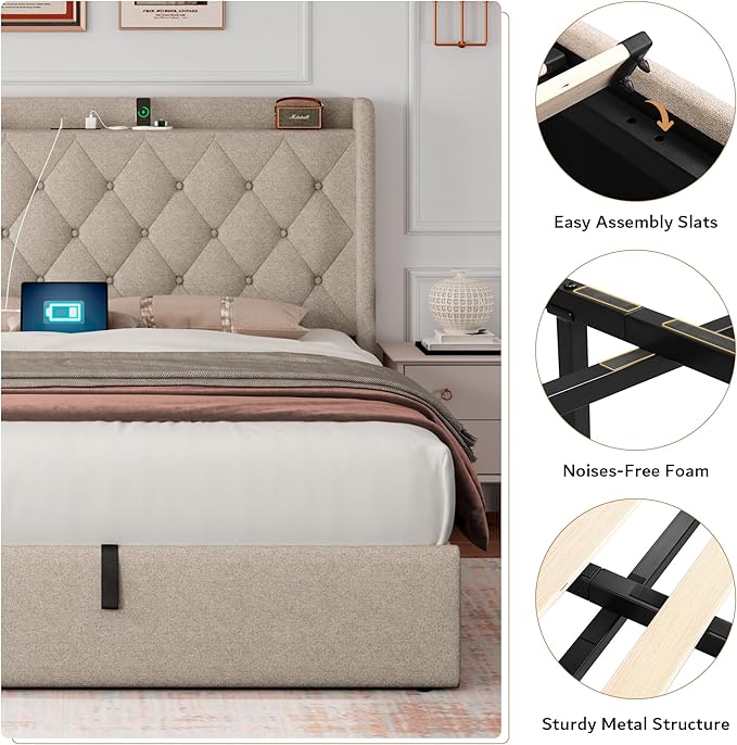 iPormis Queen Size Lift Up Storage Bed Frame with Charging Station, Upholstered Platform Bed Frame with Tufted Headboard, Hydraulic Storage, No Box Spring Needed, Noise-Free, Easy Assembly, Beige