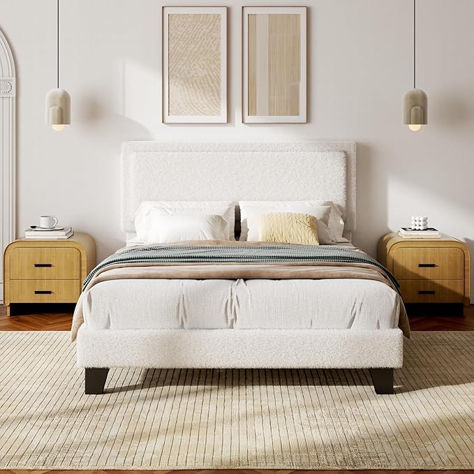 Full Size Bed Frame with Adjustable Headboard, Boucle Cloud Platform Bed with Wood Slats, Mattress Foundation, No Box Spring Needed, Easy Assembly, Beige