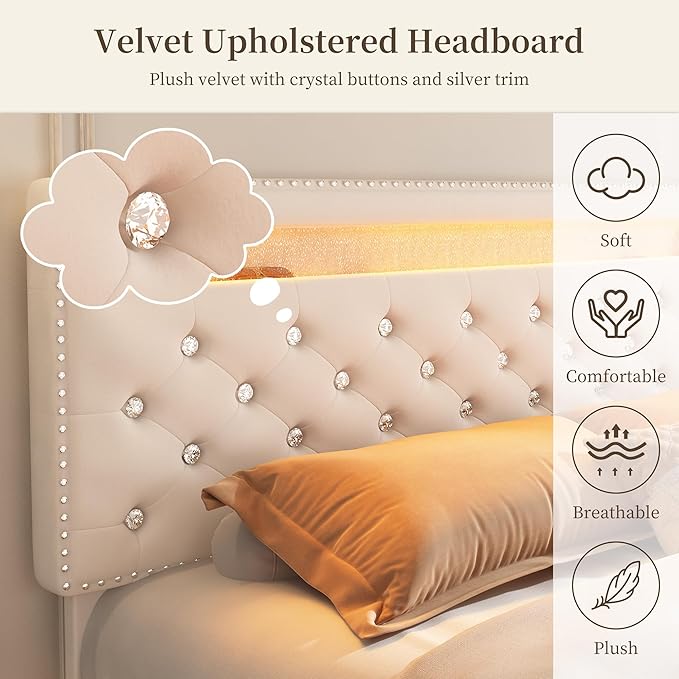 Full Led Bed Frame with 2 Drawers, Heavy Duty Sturdy Platform Bed Frames Full Size with Storage and Adjustable Crystal Button Tufted Headboard, Easy Assembly, No Box Spring Needed, Velvet Cream