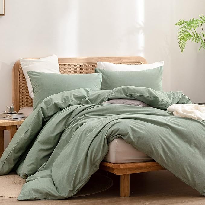 BESTOUCH Duvet Cover Set 100% Washed Cotton Linen Feel Super Soft Comfortable Chic Lightweight 2 PCs Home Bedding Set Solid Green Twin/Twin XL
