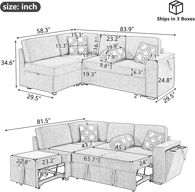 Ball & Cast Convertible Sleeper Sofa Bed,Chenille L Shaped Pull Out Couch Bed with Flip-Top Table, USB Ports & Hidden Cup Holders, Corner Sectional Sofa Couches for Living Room,Dark Grey