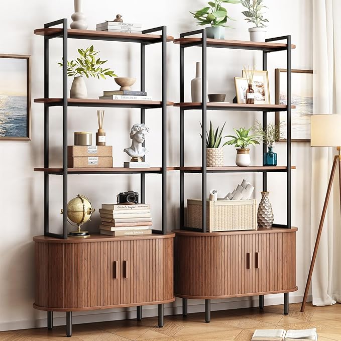 71" Tall Bookshelf, 4-Tier Book Shelf with Storage Cabinet, Modern Bookcase with Sliding Door and Adjustable Footpad, Freestanding Storage Organizer Bookshelf for Living Room, Bedroom, Walnut