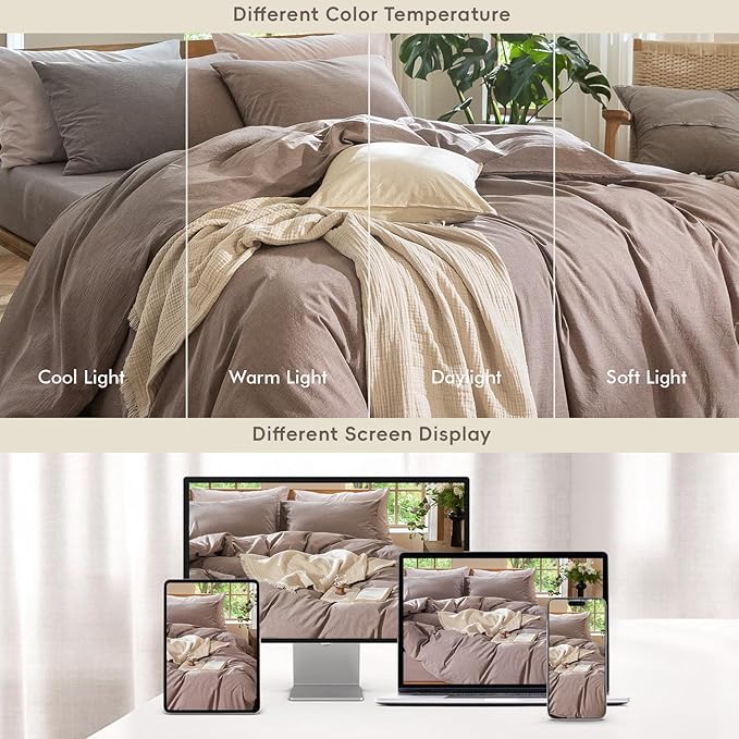 MooMee Bedding Duvet Cover Set 100% Washed Cotton Linen Like Textured Breathable Durable Soft Comfy (Heathered Mauve Brown, Super Queen 90"x98")