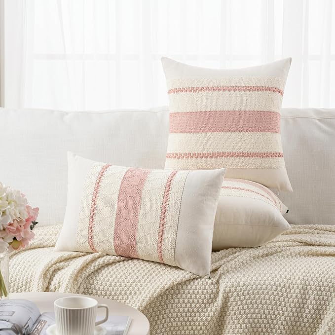Fancy Homi Set of 2 Boho Pink Decorative Throw Pillow Cover 22x22 Inch for Couch Bed Sofa, Aesthetic Modern Organic Farmhouse Home Decor, Soft Cotton Cute Accent Macrame Woven Cushion Case