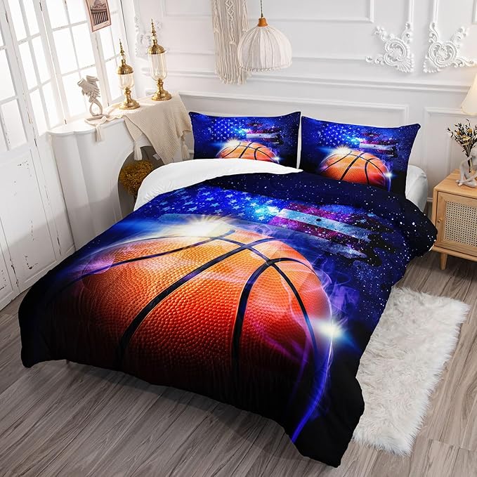Kids Comforter Set Basketball Printed Pattern Bedding Set with 1 Comforter and 2 Pillowcases for Girls Boys Bedroom All Season(Basketball Queen)