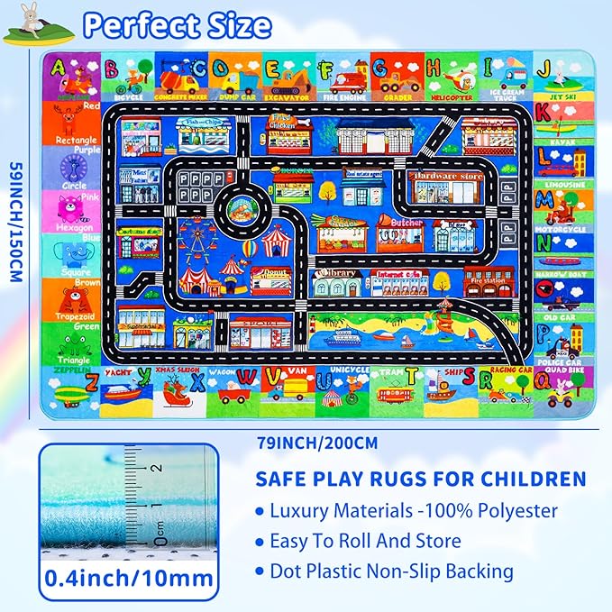 Kids Rugs for Toy Cars Playroom 78.7"×59" ABC Transportation Animals Play Mat Educational Mat Alphabet Area Rug Public Buildings Kids Playtime Collection Toddler Learning Carpet