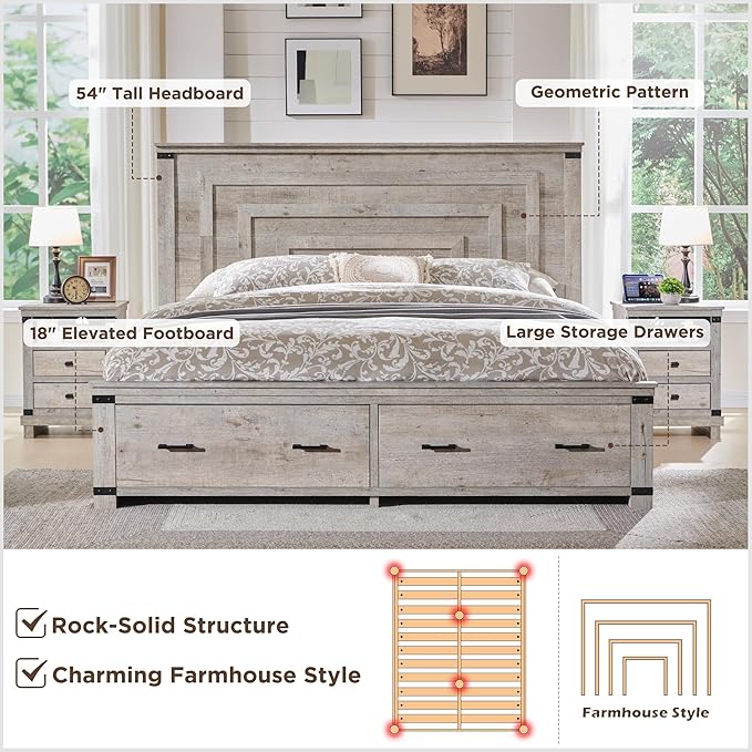 RedLemon Farmhouse Queen Size Bed Frame w/ 54" Tall Geometric Headboard, Rustic Wood Platform Bed w/ 2 Large Storage Drawers, Wood Slats Support, Noise Free, No Box Spring Needed, Light Rustic Oak