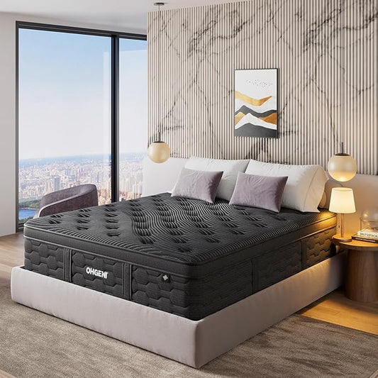 OhGeni 12 Inch Cooling Queen Size Mattress, Hybrid Gel-infused Memory Foam Bed Mattresses in a Box, Medium Feel Cool Top Fabric,Individual Pocket Spring, 3-Zone design & Reinforced Edge Support, Black