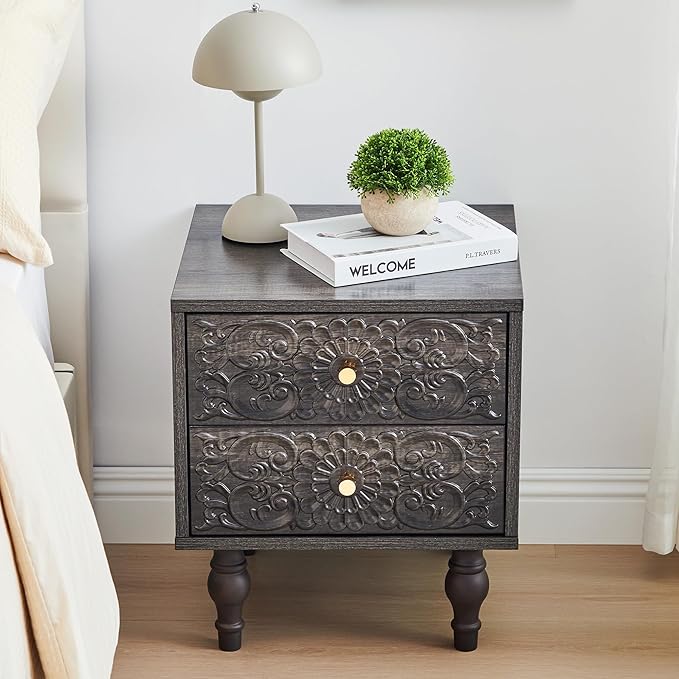 Nightstand, Farmhouse Bedside Table with 2 Drawers and Metal Handles, Wood Sofa Side Table End Table Accent Dresser for Bedroom, Living Room (Grey)
