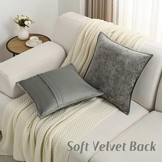 FUTEI Grey Chenille Throw Pillow Covers 22x22 Inch Set of 2,Soft Cozy Bound Edge Design Cushion Case,Home Decor for Couch Bed Living Room