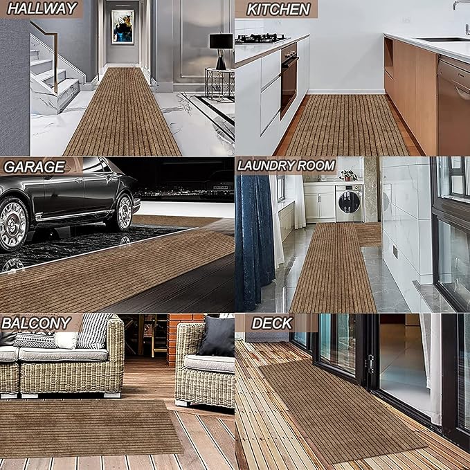 2' x 71' Runner Rugs with Rubber Backing, Indoor Outdoor Utility Carpet Runner Rugs, Stripe Brown, Can Be Used as Aisle for The RV and Boat, Laundry Room and Balcony