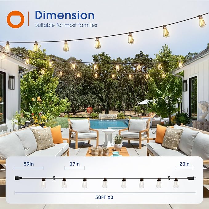 addlon 150FT(50FT*3) LED Outdoor String Lights Waterproof Patio Lights with 48 Shatterproof ST38 Replaceable Bulbs(3 Spare), Dimmable Outside Hanging Light Connectable for Porch, Backyard, 2200K