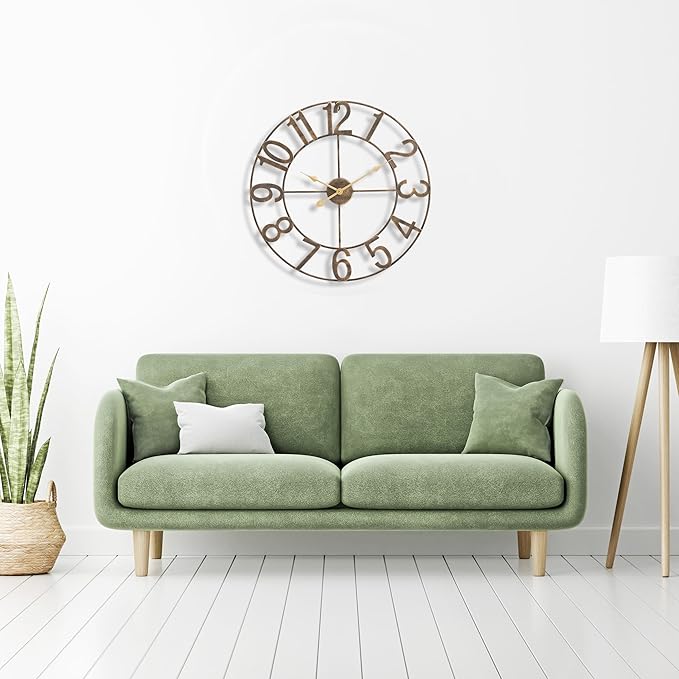 Sorbus 24-Inch Large Wall Clock – Decorative Brown Metal Clock with Gold Hands – Silent, Battery Operated, Modern Wall Decor for Living Room, Kitchen, or Office - Great Gift for Housewarming or Office