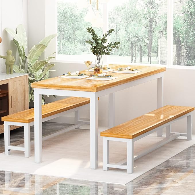 AWQM 43.3" Dining Table Set for 4, Kitchen Dining Table with 2 Benches, Dining Room Table Set with Metal Frame & Thickened Board for Kitchen, Restaurant, Oak