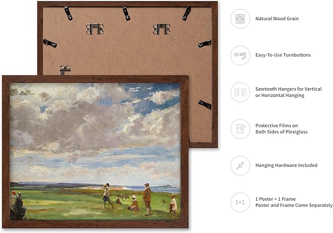 Poster Master Vintage Lady Astor Playing Golf at North Berwick Painting - Retro Golf Course Print - Sports Art - Landscape Art - Office or Living Room Decor, 8x10 Brown Framed