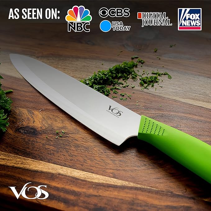 Vos Ceramic Chef Knife 8 Inch with Protection Cover – Large Ceramic Kitchen Knife for Slicing, Dicing, and Fruits – Lightweight Zirconia Blade – Luxury Gift Packaging – Ultra Sharp Chefs Knife (Green)