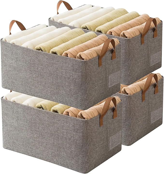 AARAINBOW 4 Pcs Closet Clothes Organizer Bins, Closet Fabric Storage Box with Steel Frame Stackable Shelf Storage Baskets, Fabric Storage Baskets Foldable Closet Shelf Storage Containers, 23L (4 Gray)