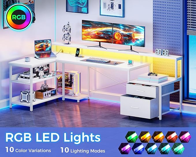 ODK L Shaped Desk with File Drawer, 75" Reversible L Shaped Computer Desk with Power Outlet & LED Strip, Home Office Desk with Storage Shelves, Gaming Desk with Monitor Shelf, Corner Desk, White