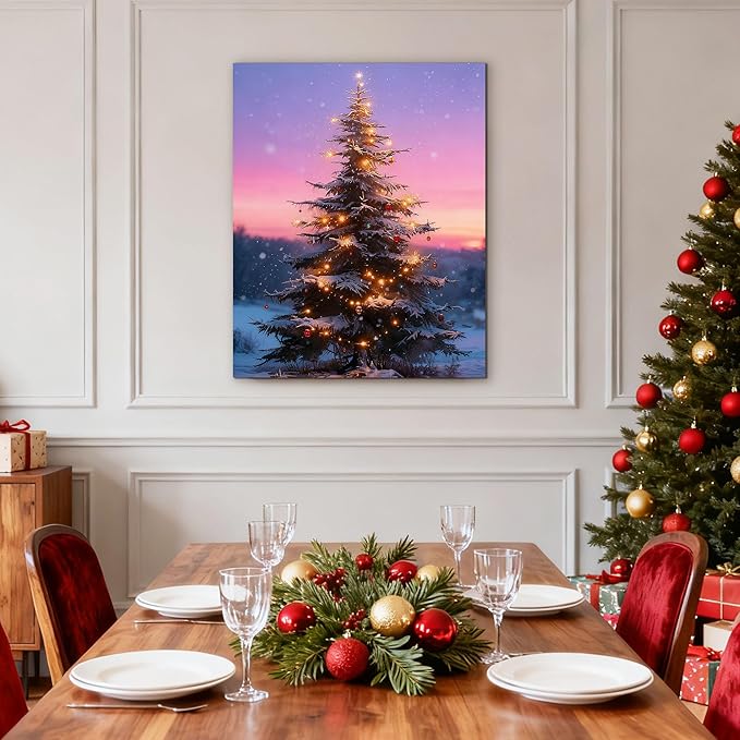 Framed Christmas Pictures Wall Decor,Vintage Pine Tree Prints,Winter Christmas Canvas Wall Art Decoration for Bedroom Bathroom Living Room Rustic Xmas Holiday Gifts (Christmas Tree 12, 20'' X 32'')