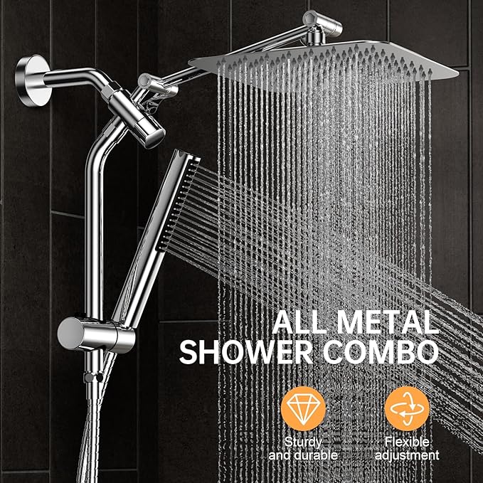 Veken Shower Head, 10'' Luxury All Metal Rain Shower Heads with Handheld Spray Combo, Hand Held Bathroom Combo with Adjustable Extension Arm, Bathroom Accessories, Dual Rainfall Showerhead Chrome