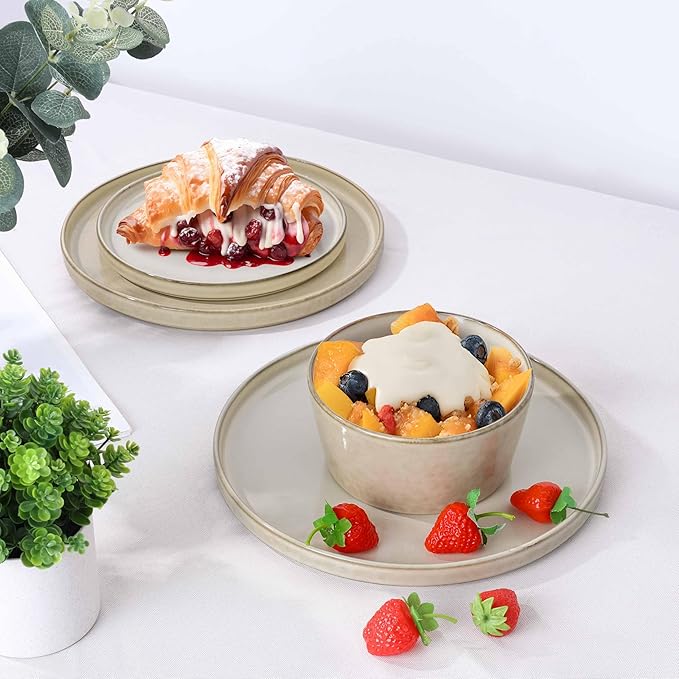 Herogo Stoneware Plates and Bowls Sets for 8, 24 Pieces Modern Dinnerware, Reactive Glaze Dishes Set for Kitchen, Chip Resistant, Microwave & Dishwasher Safe, Cream Khaki