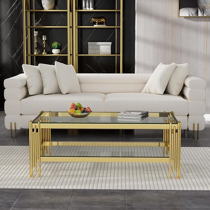 Goujxcy Modern Glass Coffee Table 47" Gold Center Table with Tempered Glass Top and Mirror Finish Stainless Steel Legs, Luxury Rectangular Coffee Table for Living Room Apartment (Gold)