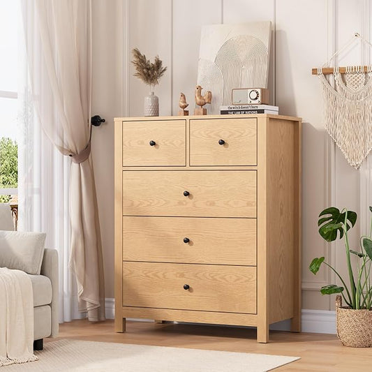 GarveeHome Natural Oak 5 Drawer Dresser for Bedroom, Modern Tall Dresser Organizer with Storage Drawers, Wooden Chests of Drawers for Bedroom, Entryway, Hallway, Home Office