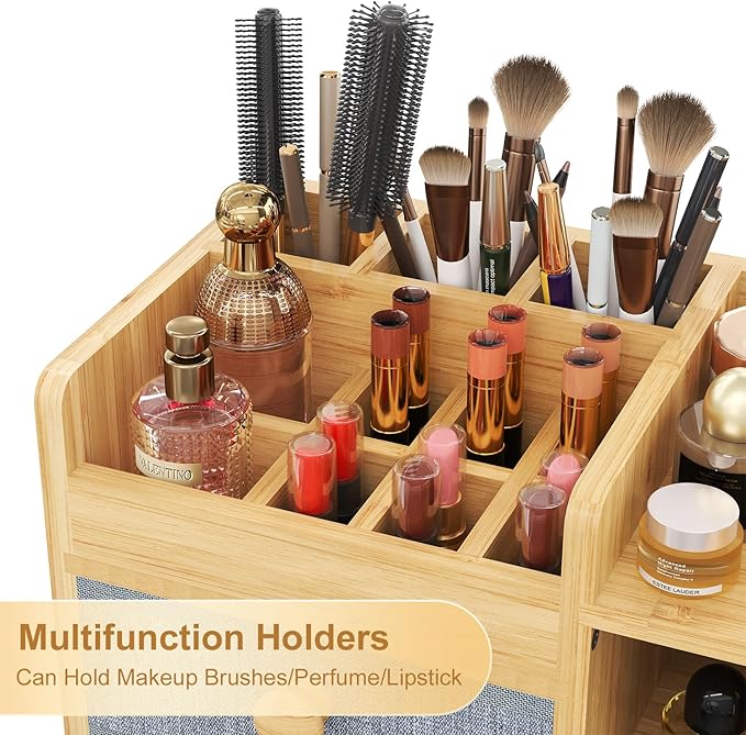 Bamboo Makeup Organizer Countertop For Vanity Dresser,Large Bathroom Counter Organizers And Storage,Cosmetic Skincare Perfume Organizer With 3 Makeup Brush Holder/2 Drawers/5 Shelves /8 Compartments