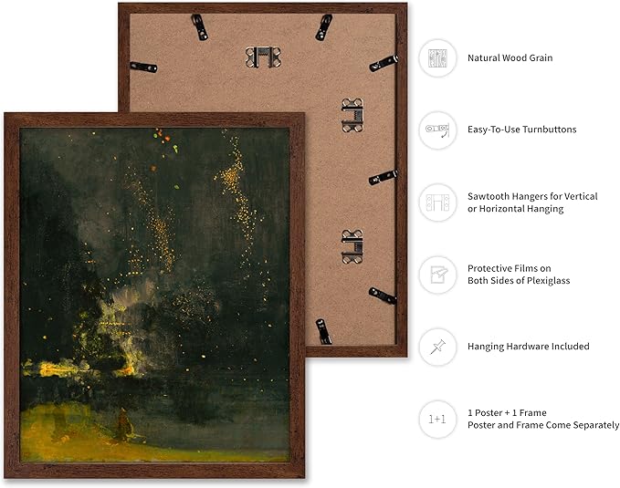 Poster Master Vintage Nocturne in Black and Gold Painting Poster - Retro The Falling Rocket Print - Abstract Art - Moody Art - Landscape Art - Office or Living Room Decor, 16x20 Brown Framed