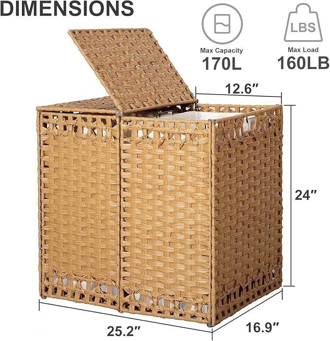 170L Foldable Laundry Hamper with Lid - Handwoven Rattan Storage Basket, 2-Section Clothes Hamper w/2 Removable Liner Bags, Easy Assembly, Portable for Bedroom Bathroom Dorm,Natural