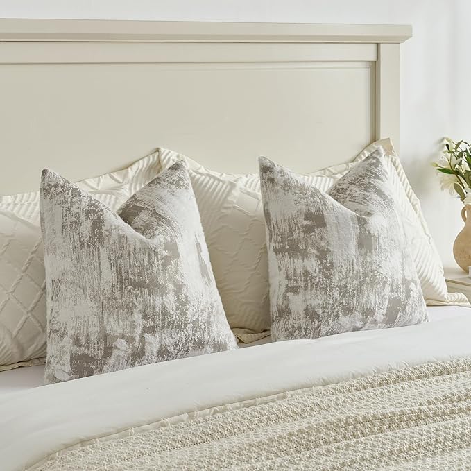 FUTEI Grey White Decorative Throw Pillow Covers 24x24 Inch Set of 2,Soft Faux Cashmere Jacquard - Textured & Cozy Euro Pillow Shams,Modern Home Decor for Couch Bed Living Room