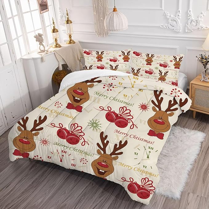 Christmas Comforter Set Full/Queen for Boys Girls, Cartoon Merry Christmas Reindeer Print Bedding Set, Christmas Decorations Cute Beige Xmas Bed Set with 1 Comforter and 2 Pillowcases