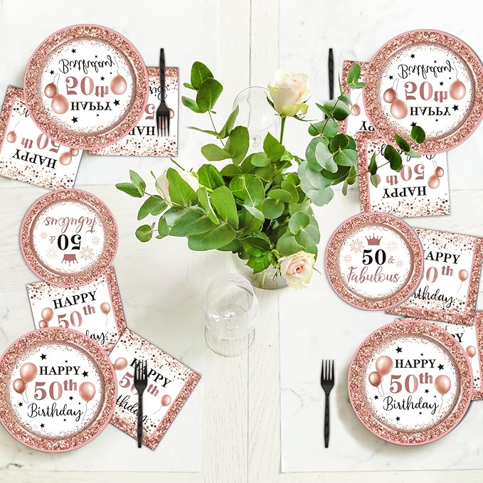 96 Pcs 50 and Fabulous Birthday Party Plates Napkins Tableware Set Rose Gold 50th Birthday Supplies Disposable Dinnerware Fifty Decoration Favors for Women, 24 Guests