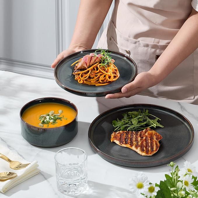 E-far Stoneware Dinnerware Sets, 18-Pieces Modern Plates and Bowls Sets, Kitchen Dinning Porcelain Dishes Set for 6, Chip & Scratch Resistant, Dishwasher & Microwave Safe, Blackish Green