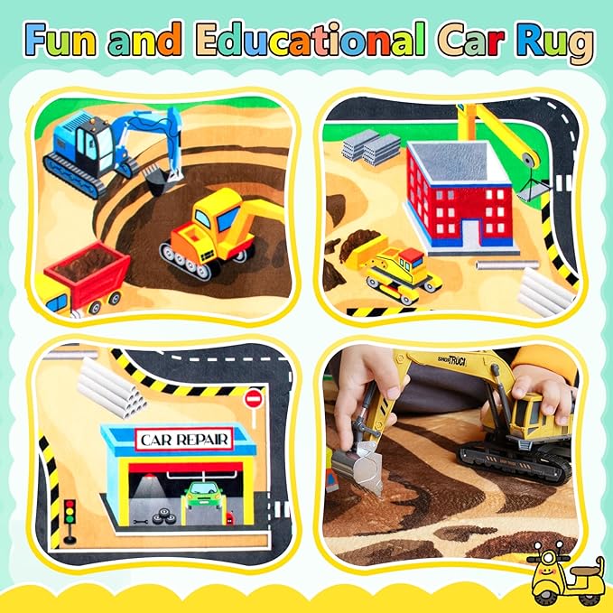 Kids 4x6 Ft Construction Site Play Rug, Baby Play Mat, Tufted Wool & Rubber, Non-Slip, Stain & Fade Resistant, Machine Washable, Rustic Cartoon Construction Site Pattern