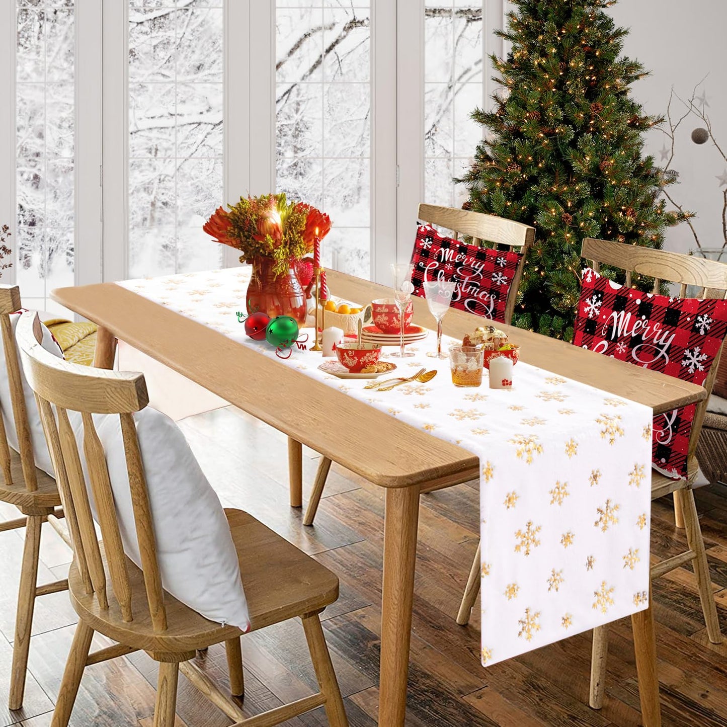 Faux Fur Table Runner Christmas Table Runner 108 Inches Long Gold Snowflake Table Runner for Winter Snowy Party Home Holiday 13 x 108 Inch Christmas Runner for Table Decorations