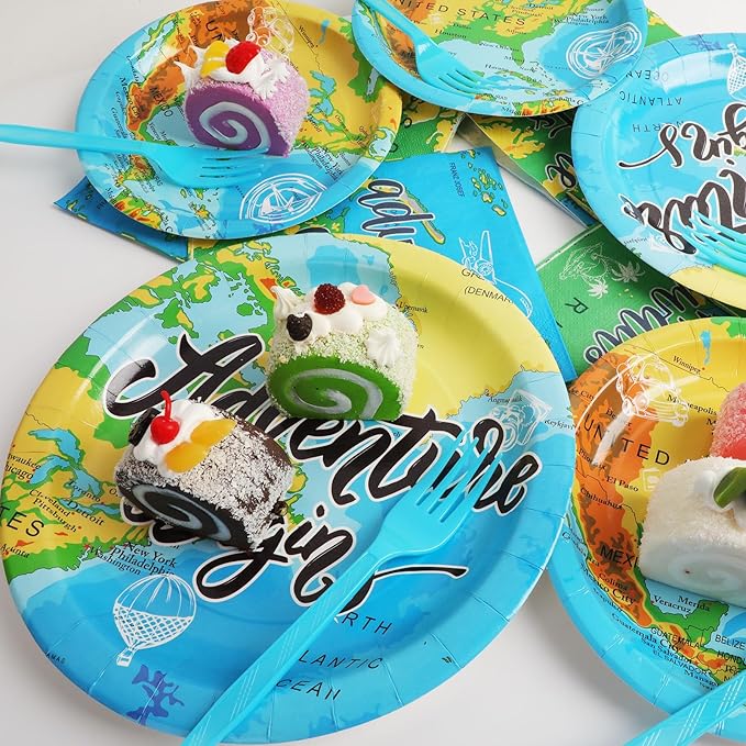 Wiooffen Adventure Awaits 96 Pcs Travel Map Party Supplies - 24 Guests - Blue, Word Map Plates, Napkins, Forks - Birthday Party Decoration
