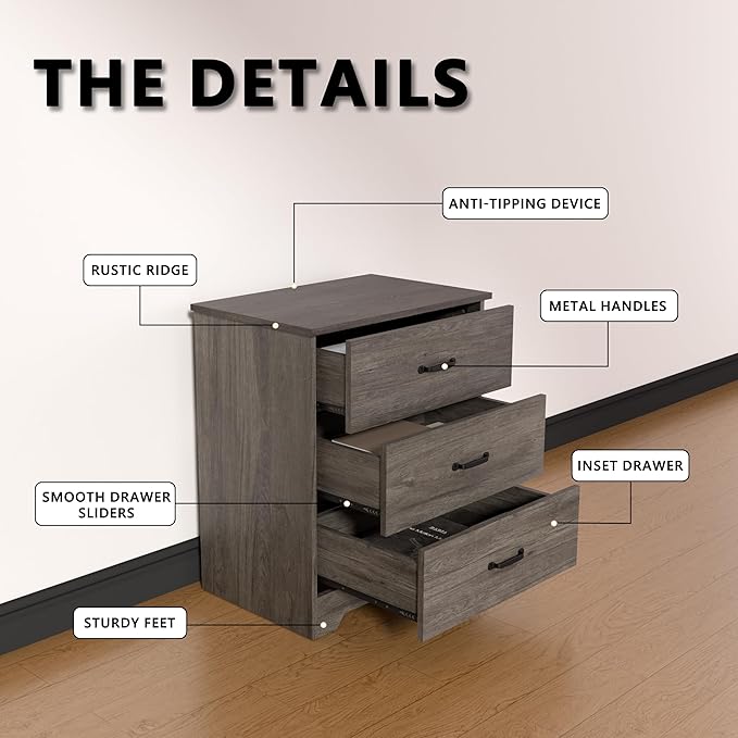 Farmhouse 3 Drawer Dresser, Small Wooden Chest of Drawers Classic White Dresser for Bedroom Living Room Entryway (Dark Gray, 3 Drawer)
